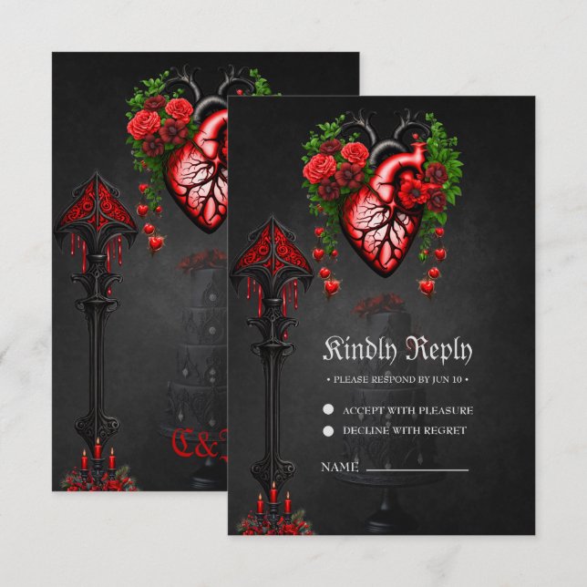 Tarjeta De Confirmación De Asistencia Flores rojas de corazón gótico. (Anverso / Reverso)