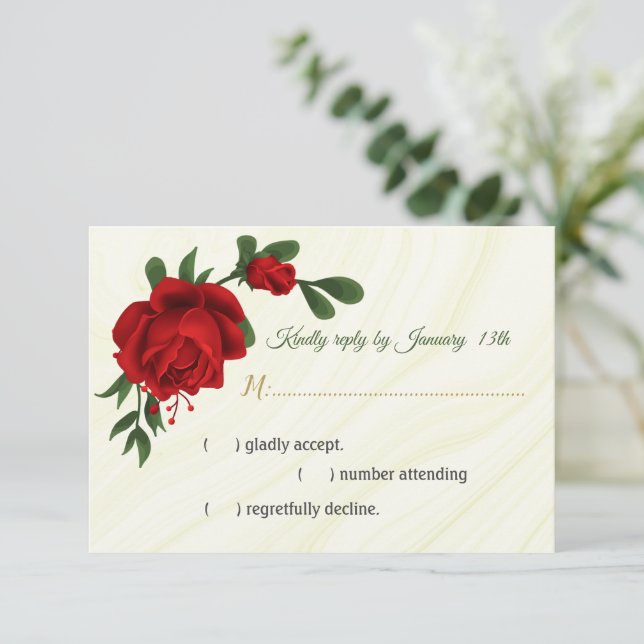 Tarjeta De Confirmación De Asistencia flores rojas hojas verdes (Anverso de pie)