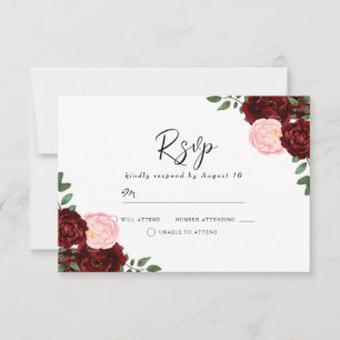 Tarjeta De Confirmación De Asistencia Flores rojas Rubor y Borgoña Boda magnífico