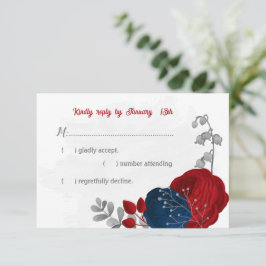 Tarjeta De Confirmación De Asistencia flores rojas y azul marino boda botánico plateado