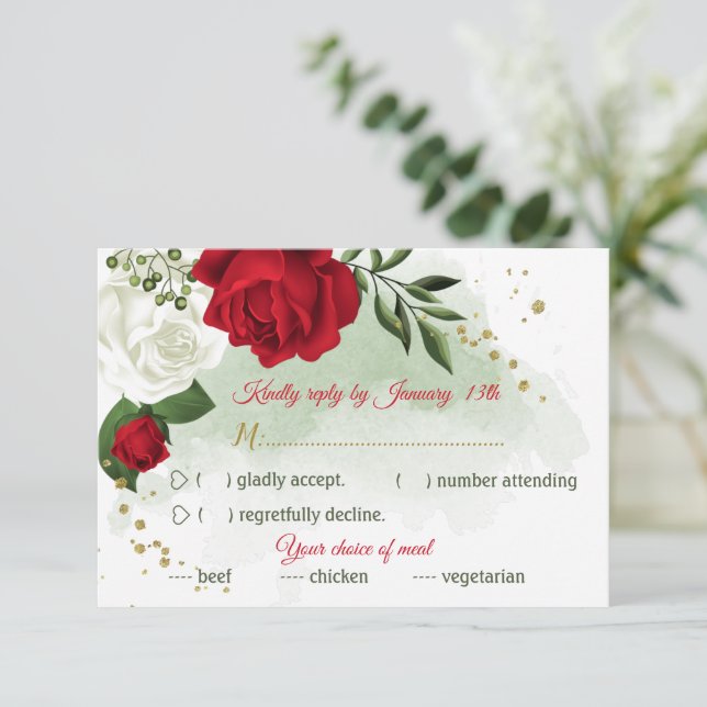 Tarjeta De Confirmación De Asistencia flores rojas y blancas opción de comida vegetativa (Anverso de pie)