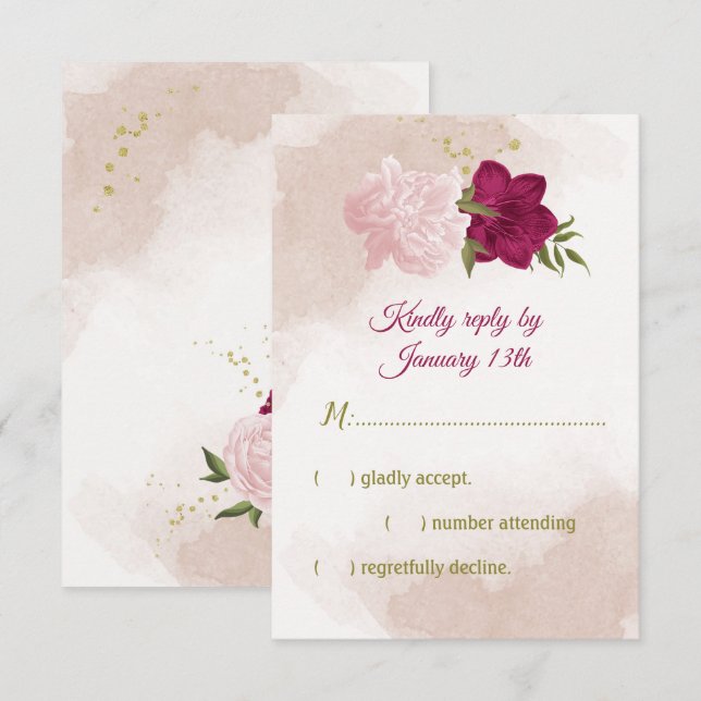 Tarjeta De Confirmación De Asistencia flores rosa magenta hojas verdes (Anverso / Reverso)