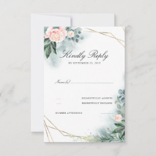 Tarjeta De Confirmación De Asistencia Flores rosa Rubor Elegante Boda de marco dorado RS