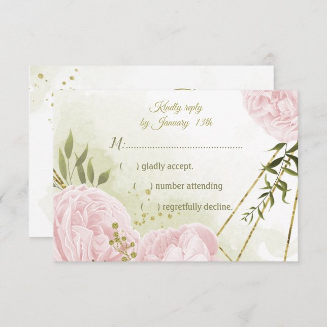 Tarjeta De Confirmación De Asistencia flores rosadas bonito hojas verdes botánicas (Anverso / Reverso)