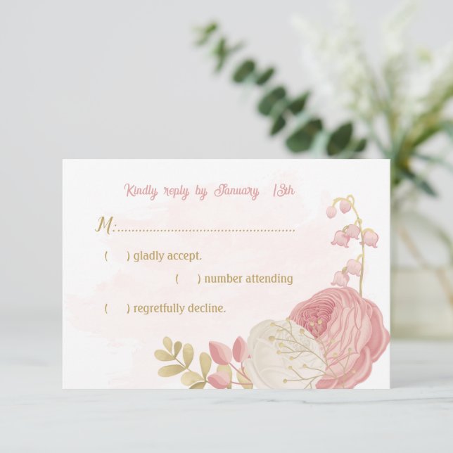 Tarjeta De Confirmación De Asistencia flores rosadas y blancas oro botánico (Anverso de pie)