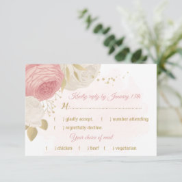 Tarjeta De Confirmación De Asistencia flores rosas y blancas opción de comida botánica d