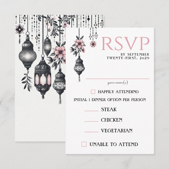 Tarjeta De Confirmación De Asistencia Flores rosas y farolillos Opciones de alimentos (Anverso / Reverso)