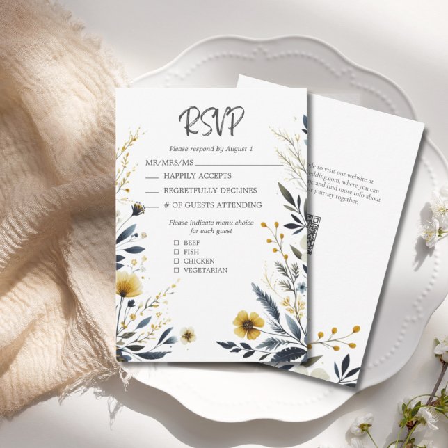 Tarjeta De Confirmación De Asistencia Flores salvajes amarillas azul Boda elegante de có (Blue Yellow Wildflowers Elegant Wedding RSVP Response Card with QR Code for Wedding Website.)
