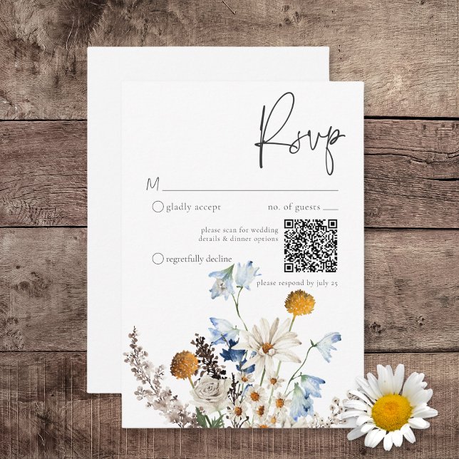 Tarjeta De Confirmación De Asistencia Flores salvajes azul agitadas y maricas rusas códi (Rustic Dusty Blue Wildflowers & Daisies Wedding Response Card)