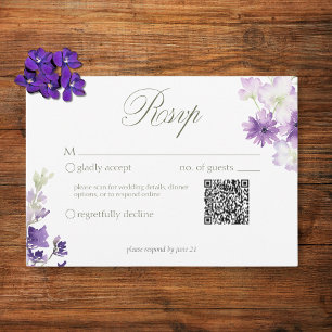 Tarjeta De Confirmación De Asistencia Flores salvajes moradas Boda blanco QR