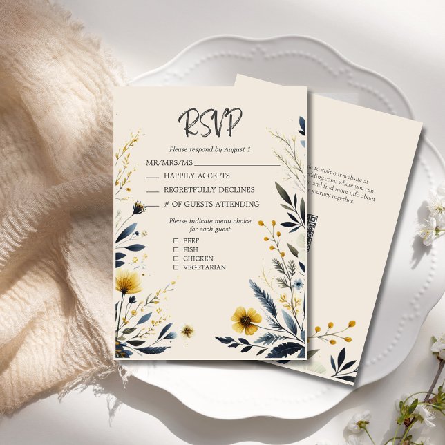 Tarjeta De Confirmación De Asistencia Flores silvestres acuáticas Boda beige elegante (Watercolor Floral Wedding RSVP Card with Menu Options, QR Code, Blue and Yellow Wildflowers.)