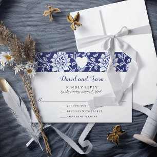 Tarjeta De Confirmación De Asistencia Flores Silvestres de Pradera Patrón Azul añil Boda