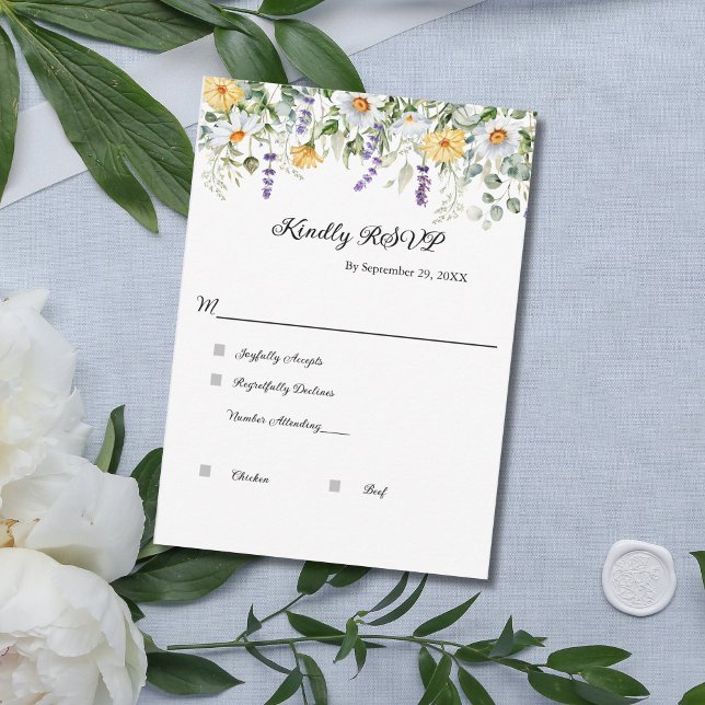 Tarjeta De Confirmación De Asistencia Flores silvestres Eucalyptus Greenery Elegante Bod (Yellow White Lavender Purple Greenery Eucalyptus Wedding RSVP cards. Modern and Elegant)