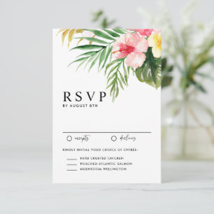 Tarjeta De Confirmación De Asistencia Flores Tropicales Acuarela y Verde para Boda