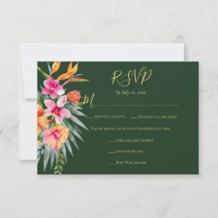 Tarjeta De Confirmación De Asistencia Flores Tropicales Coloridas Comida de Boda Naranja