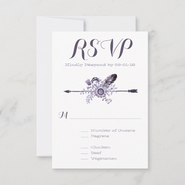 Tarjeta De Confirmación De Asistencia Flores violetas plumas y flecha (Anverso)
