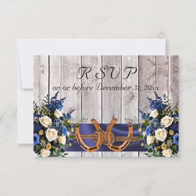 Tarjeta De Confirmación De Asistencia Flores y herraduras, cinta azul (Anverso)