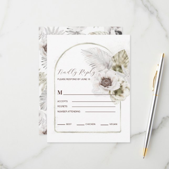 Tarjeta De Confirmación De Asistencia Flores y plumas blancas (Anverso/Reverso In Situ)