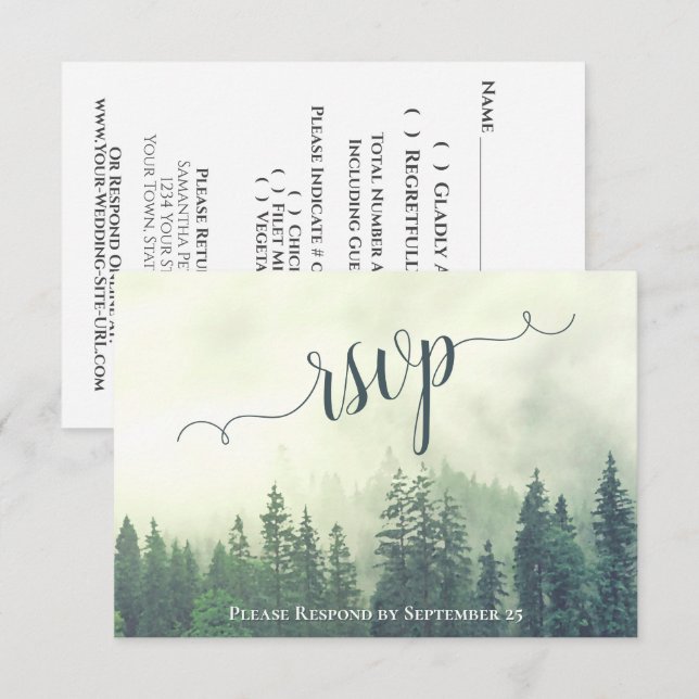 Tarjeta De Confirmación De Asistencia Foggy Pines Rustic Green Forest Boda (Anverso / Reverso)