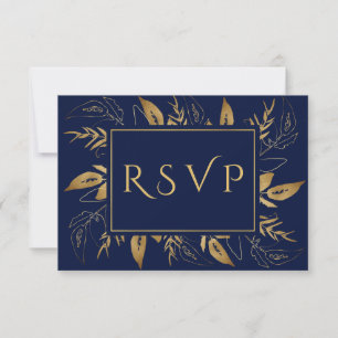 Tarjeta De Confirmación De Asistencia Foliage dorado Elegante Boda Azul de la Marina d