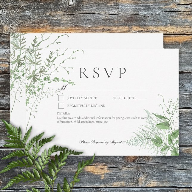 Tarjeta De Confirmación De Asistencia Foliage verde férreo blanco sin cena (Rustic Fern Green Foliage White No Dinner RSVP Card)