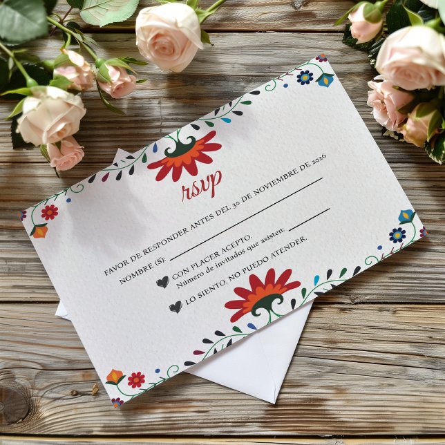Tarjeta De Confirmación De Asistencia Folk Art Floral Botanical Fiesta Spanish Wedding (Folk Art Floral Botanical Fiesta Spanish Wedding RSVP Card)