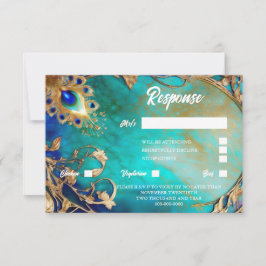 Tarjeta De Confirmación De Asistencia Fondo de oro azul de plumas de pavo real