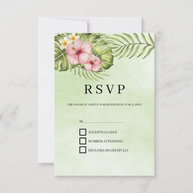 Tarjeta De Confirmación De Asistencia Fondo verde de las flores rosas (Anverso)