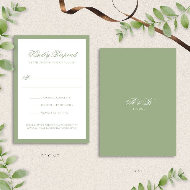 Tarjeta De Confirmación De Asistencia Formal Classic Sage Green Monogram Script Wedding (Subido por el creador)