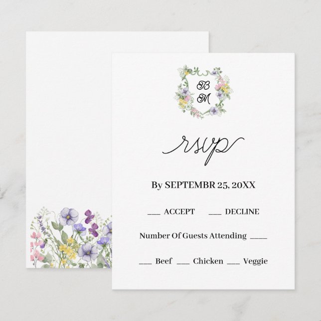 Tarjeta De Confirmación De Asistencia Formal Floral Monogram Crest Wedding (Anverso / Reverso)