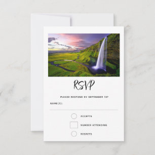 Tarjeta De Confirmación De Asistencia Foto de boda de la cascada islandesa verde natural