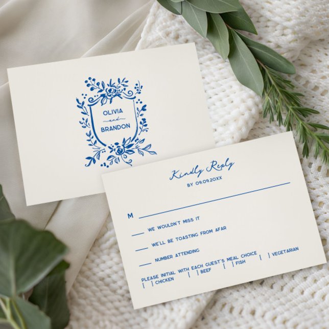Tarjeta De Confirmación De Asistencia French Blue Whimsical Pastoral Wedding Invitation, (Subido por el creador)