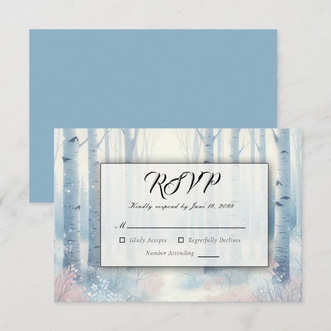 Tarjeta De Confirmación De Asistencia Frosted Blue Birch Forest Wedding (Anverso / Reverso)