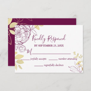 Tarjeta De Confirmación De Asistencia Fuchsia Boda Floral Púrpura Rosa y Peonia Gold