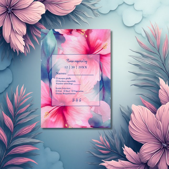 Tarjeta De Confirmación De Asistencia fuchsia hawaiian tropical floral hibiscus wedding (Subido por el creador)
