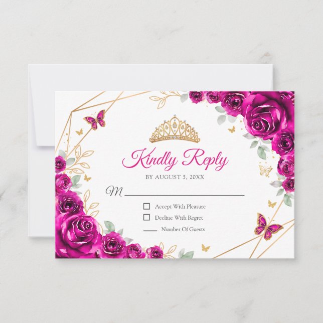 Tarjeta De Confirmación De Asistencia Fuchsia Pink Gold Floral Quinceanera Reply (Anverso)