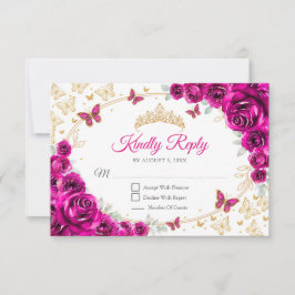 Tarjeta De Confirmación De Asistencia Fuchsia Pink Gold Floral Quinceanera Reply