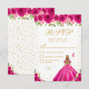 Tarjeta De Confirmación De Asistencia Fucsia Floral Rubia Cabello Princesa Dulces Diecis