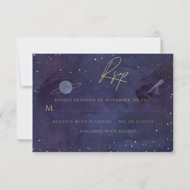 Tarjeta De Confirmación De Asistencia Galaxia azul púrpura Starry Night Celestial Boda (Anverso)