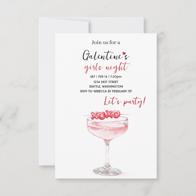 Tarjeta De Confirmación De Asistencia Galentines Party Invitation | Pink Cocktail (Anverso)