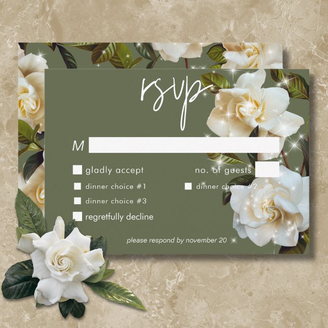 Tarjeta De Confirmación De Asistencia Gardenias blancas modernas en la cena de Sage Spar (Modern White Gardenias on Sage Sparkle Dinner RSVP Card)