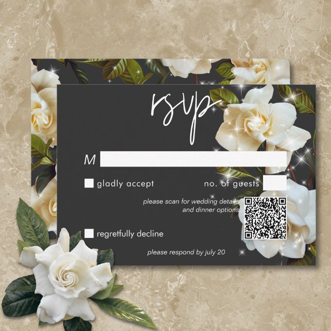 Tarjeta De Confirmación De Asistencia Gardenias blancas modernas sobre código QR de espu (Modern White Gardenias on Black Sparkle QR Code RSVP Card)