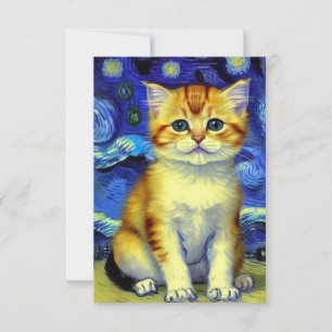 Tarjeta De Confirmación De Asistencia Gatito Adorable Noche Estrellada Van Gogh