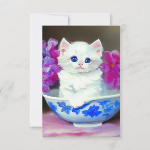 Tarjeta De Confirmación De Asistencia Gatito blanco vintage con flores rosas