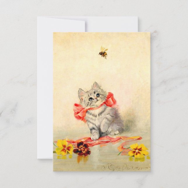 Tarjeta De Confirmación De Asistencia Gatito con cinta roja (Anverso)