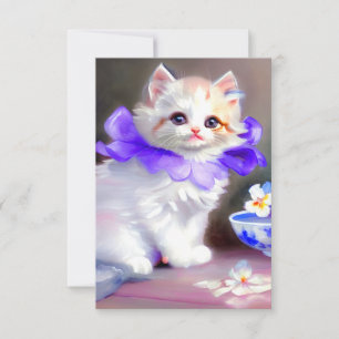 Tarjeta De Confirmación De Asistencia Gato blanco con pintura de cuello de flores morada