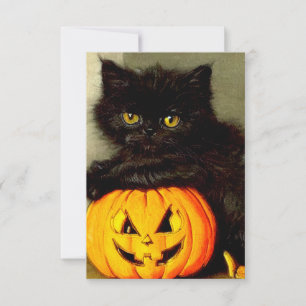 Tarjeta De Confirmación De Asistencia Gato de Halloween vintage y linterna de Jack-o