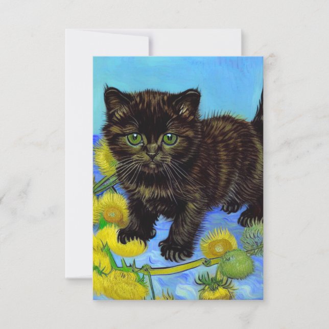 Tarjeta De Confirmación De Asistencia Gato estilo Van Gogh con girasoles (Anverso)