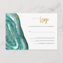 Tarjeta De Confirmación De Asistencia Geode Verde azulado acuarela y Faux Gold Wedding R