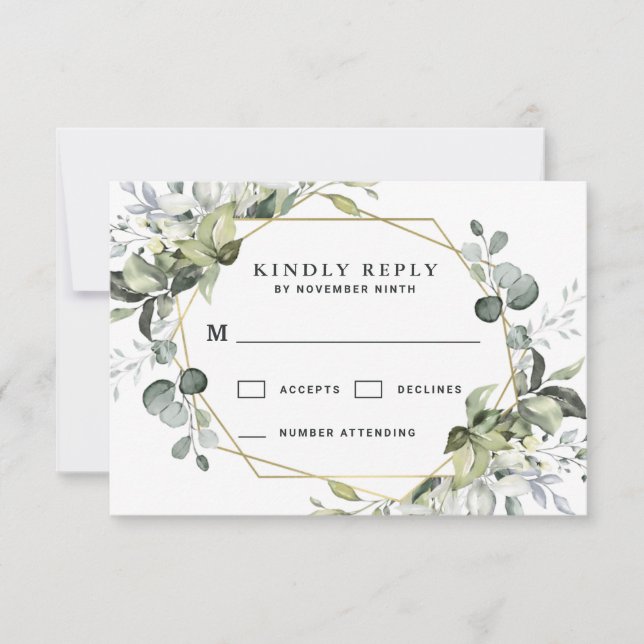 Tarjeta De Confirmación De Asistencia Geometric Greenery Modern Gold Succulent Boda (Anverso)